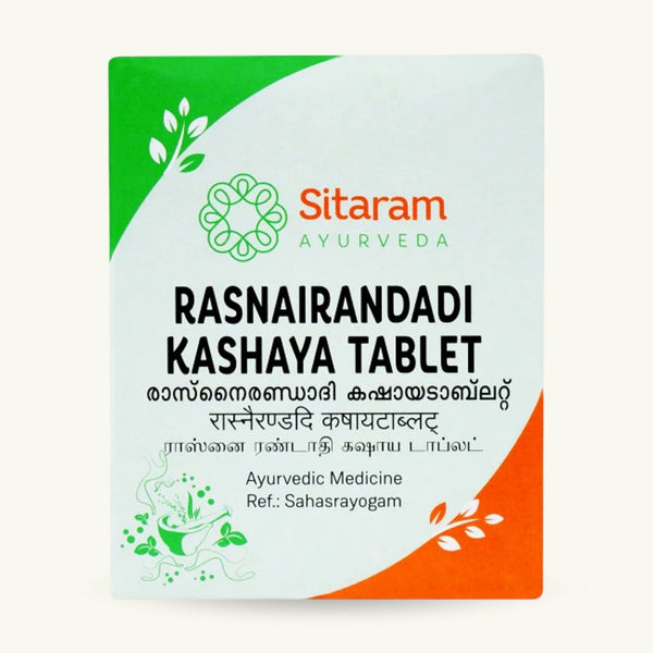 Packaging of Sitaram Ayurveda Europe Rasnairandadi Kashaya Tablet on a white background. sitaramayurveda.eu